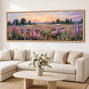 Quadro su tela "Prato di lupini", ampio paesaggio di fiori selvatici, panorama floreale dai colori pastello, decorazione per camera da letto con delicata alba.