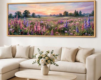 Lupine Meadow Canvas Wall Art, Wide Wildflower Landscape, Pastel Floral Panorama, Soft Dawn Bedroom Decor