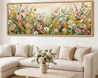 Wildflower Meadow Canvas Print, Neutral Floral Wall Art, Sage Pink Botanical Decor, Panoramic Framed Giclee Canvas