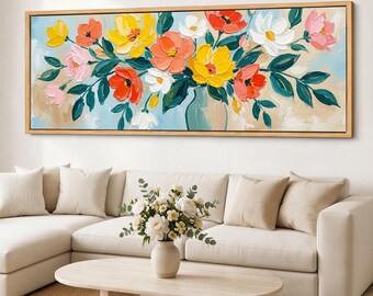 Pastel Floral Canvas Print, Slim Flower Wall Art, Panoramic Bloom Canvas, Wide Bouquet Giclee on Cotton Canvas