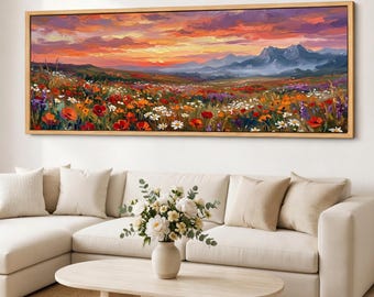 Twilight Meadow Canvas Wall Art, Wildflower Field Panorama, Poppy Daisy Sunset Landscape, Panoramic Giclee Canvas