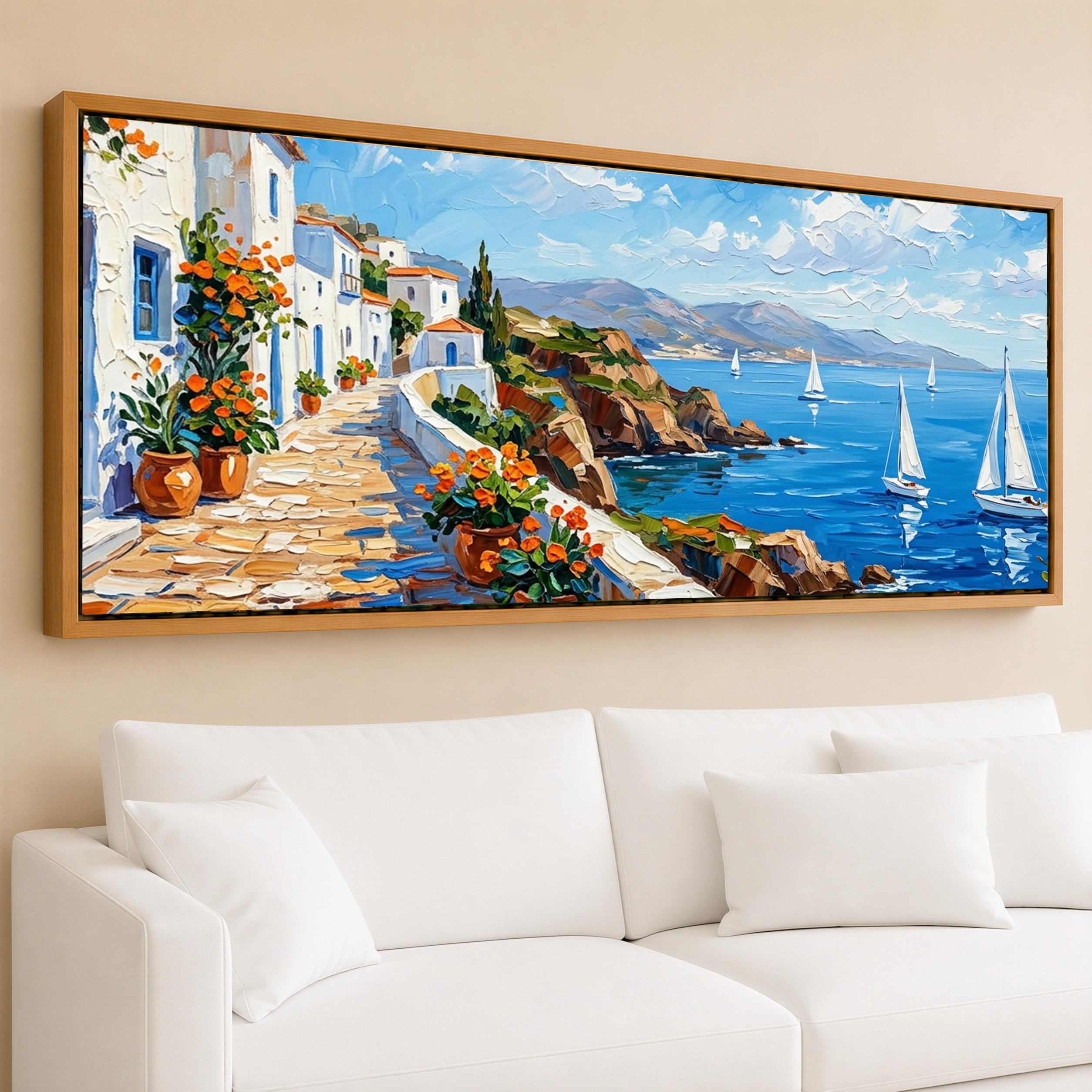 Mediterranean Sea View Panoramic Canvas Print, Greek Coastal Path