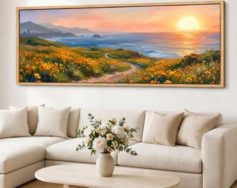 Impressão em tela de flores silvestres costeiras, arte de parede panorâmica com paisagem marítima ao pôr do sol, tela giclée ampla com estampa floral para sala de estar.