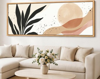 Cuadro abstracto de mediados de siglo con sol, luna y hojas, impresión giclée panorámica neutra de mediados de siglo, decoración minimalista enmarcada.