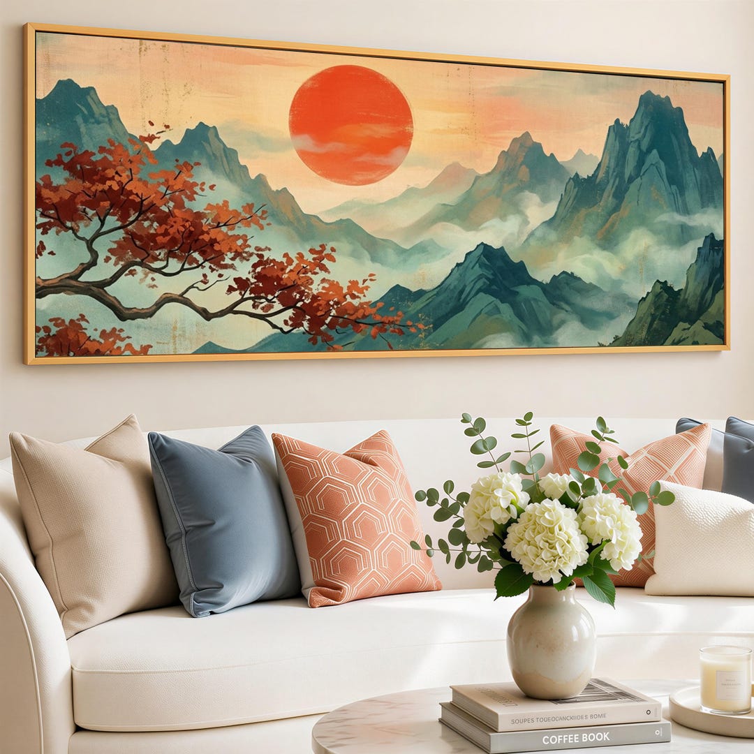 Japanese Misty Mountain Canvas Print, Rising Sun Landscape Wall Art ...