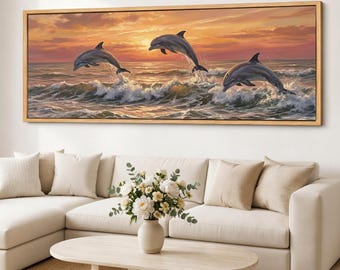 Dolphins Canvas Wall Art, Dolphin Scene Art, Ocean Spray Art, Panoramic Beach Sunset Giclee Canvas, Coastal Decor