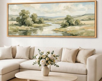 Impresión en lienzo Giclée de Spring Creek, arte mural campestre amplio, paisaje de pradera serena, decoración rústica vintage