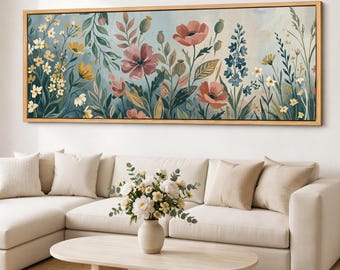Vintage Garden Canvas Wall Art, Floral Meadow Giclee Print, Long Horizontal Wildflower Canvas for Living Room Decor