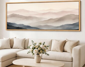 Lienzo impreso "Niebla de salvia", arte mural de montaña brumosa, paisaje de niebla neutra, lienzo giclée con marco ancho, decoración mural Japandi