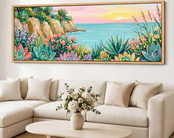 Panoramic Coastal Floral Canvas Wall Art, Botanic Seascape Giclee Print on Cotton Canvas, Framed or Gallery Wrapped