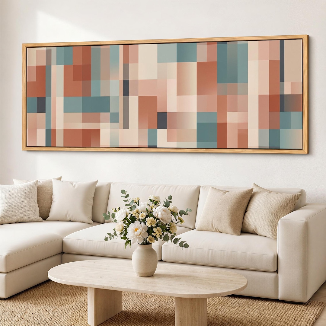 Mid Century Geometric Canvas Print, Extra Wide Abstract Color Block ...