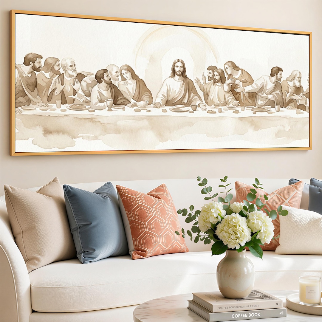 Framed Jesus Last Supper Canvas Wall Art Print | Neutral Sepia ...