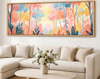 Pastel Forest Wall Art, Abstract Tree Canvas Print, Colorful Botanical Landscape, Framed Giclee Cotton Canvas