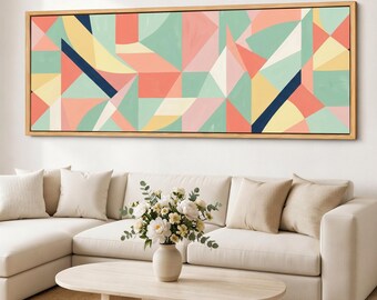 Pastel Geometric Canvas Wall Art, Retro Color Block Abstract, Wide Bauhaus Giclee, Mid Mod Framed Canvas