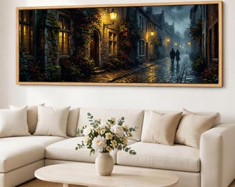 Rainy Alley Art Dark Academia Canvas Print, Moody Gothic Street Wall Art, Framed Panoramic Cityscape Decor
