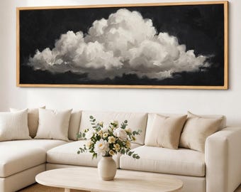Black White Cloud Canvas Print, Minimal Sky Wall Art, Moody Monochrome Cloudscape, Wide Giclee Canvas Decor