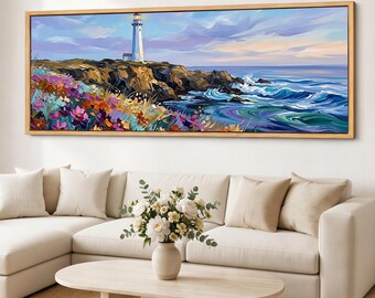 Quadro decorativo de parede com farol e paisagem costeira, impressão giclée em tela de algodão com paisagem floral e marinha, decoração panorâmica com ondas e penhascos do oceano.
