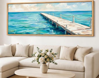 Jetty Wall Art, Seafoam Coastal Canvas, Panoramic Beach Pier Giclee Print, Oceanfront Seascape Framed Decor