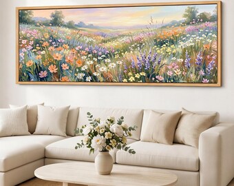 Panoramic Wildflower Meadow Canvas Wall Art, Pastel Floral Landscape, Framed Giclee Cotton Canvas Decor