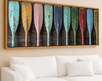 Impression giclée sur toile colorée de rames rustiques, art mural nautique en détresse, décoration côtière de cabine de lac, vintage bateau pagaie panoramique