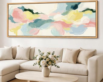 Airy Abstract Floral Canvas Print, Wide Framed Wall Art, Pastel Blush Sage Teal Flowers, Large Horizontal Decor