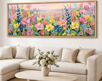 Pastel Wildflower Meadow Canvas Print, Panoramic Floral Wall Art, Colorful Flower Field Decor, Giclee Cotton Canvas