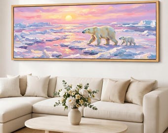 Polar Bear Canvas Print, Arctic Wall Art, Pastel Animal Canvas, Panoramic Wildlife Wall Decor, Modern Large Wall Art