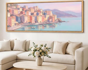 Pastel Harbor Wall Art, Coastal Village Seascape Canvas Print, Framed Giclee Beach Sunset Wall Decor