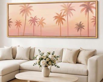 Blush Palm Canvas Wall Art, Neutral Tropical Landscape, Panoramic Coastal Giclee on Cotton Canvas