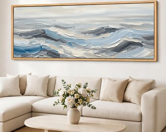 Arte mural costero, impresión en lienzo giclée de paisaje marino neutro, olas oceánicas en tonos azul grisáceo, decoración de pared panorámica enmarcada.