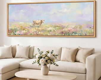 Panoramic Cow Meadow Canvas Print, Pastel Floral Field Wall Art, Airy Prairie Landscape Giclee on Cotton Canvas