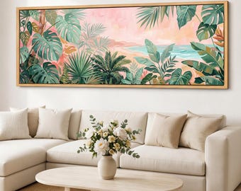 Tropical Coastal Canvas Print, Botanical Beach Wall Art, Pink Green Lagoon Palms, Panoramic Giclee Cotton Canvas Decor