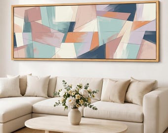 Cuadro lineal geométrico neutro para pared, lienzo abstracto ancho, cuadro panorámico pastel ligero para pared, ideal para el sofá.