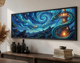 Starry Dragon Canvas Wall Art, Mystic Serpent Night Castle Sky, Fantasy Giclee Cotton Canvas, Gothic Home Decor
