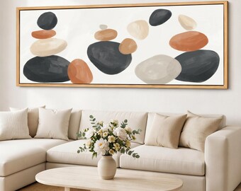 Cairn Canvas Wall Art, Neutral Stone Balance Art, Japandi Zen Giclee Canvas Print, Wide Spa Hallway Living Room Decor