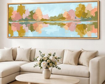 Pastel Lake Canvas Wall Art, Neutral Abstract Landscape, Blush Sage Sky Panorama, Extra Wide Giclee Print
