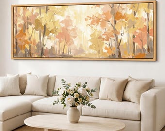 Framed Neutral Panorama Canvas Wall Art, Wide Woodland Forest, Cream Winter Scene, Modern Farmhouse Decor