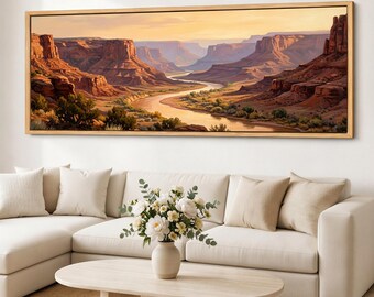 Panoramic Canyon Wall Art, Mesa Canvas Art, Red Rock Desert River Landscape, Southwest Framed Giclee Canvas Print