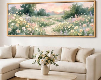 Blush Meadow Canvas Wall Art, Flower Path Landscape, Neutral Farmhouse Giclee Print, Panoramic Floral Canvas