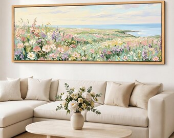 Pastel Coastline Giclee Canvas Print, Shore Flower Art, Sea Meadow Art, Coastal Seaview Wall Decor, Panoramic Wildflower