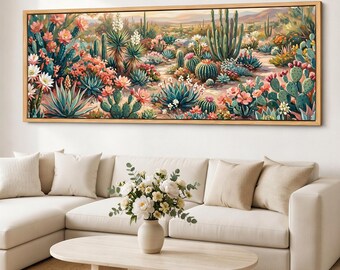 Saguaro Wall Art, Barrel Cactus Art, Retro Boho Desert Canvas, Floral Cactus Panorama, Southwestern Giclee Print