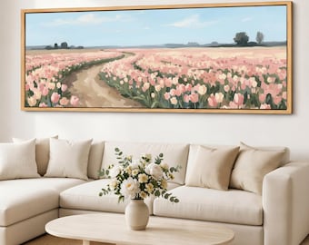 Pastel Tulips Canvas Wall Art, Soft Pink Tulip Field, Panoramic Floral Landscape, Retro Meadow Decor