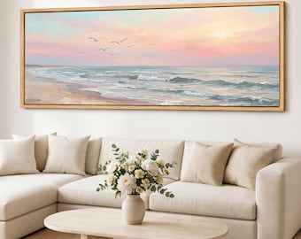 Vintage Coastal Canvas Print, Framed Beach Wall Art, Pastel Seascape, Gentle Waves, Blush Sky, Seabird Canvas, Wide Ocean Decor
