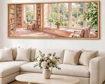 Sunlit Window Canvas Print, Floral Library Wall Art, Cozy Reading Nook Giclee Canvas, Pastel Bookshelf Decor