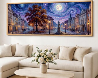 Moonlit City Canvas Print, Panoramic Night Street Wall Art, Starry Sky Giclee Canvas, Framed Large Cityscape Decor