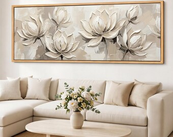 Cuadro floral de loto en tonos neutros, impresión giclée sobre lienzo color beige topo, decoración de pared panorámica floral enmarcada para la sala de estar.