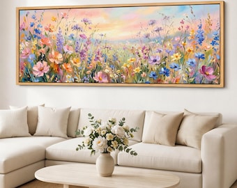 Impressão em tela Giclée de flores silvestres, arte de parede de prado extenso, tela floral panorâmica, arte de campo de flores em tons pastel