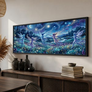 May include: A rectangular wall art print in a black frame depicting five winged figures dancing in a field of flowers under a swirling night sky filled with stars and a crescent moon. The scene features vibrant shades of blue, purple, and gold.