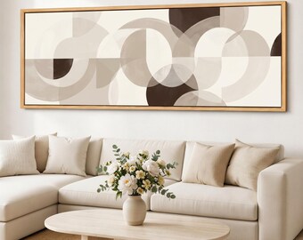 Neutral Geometric Canvas Print, Wide Abstract Wall Art, Beige Taupe Mocha Panoramic Giclee Canvas for Sofa