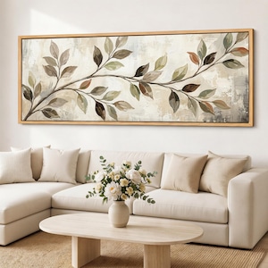 May include: A horizontal rectangular wall art piece featuring a painted botanical branch with green, brown, and beige leaves against a textured cream and white background, enclosed in a thin light-colored wooden frame.